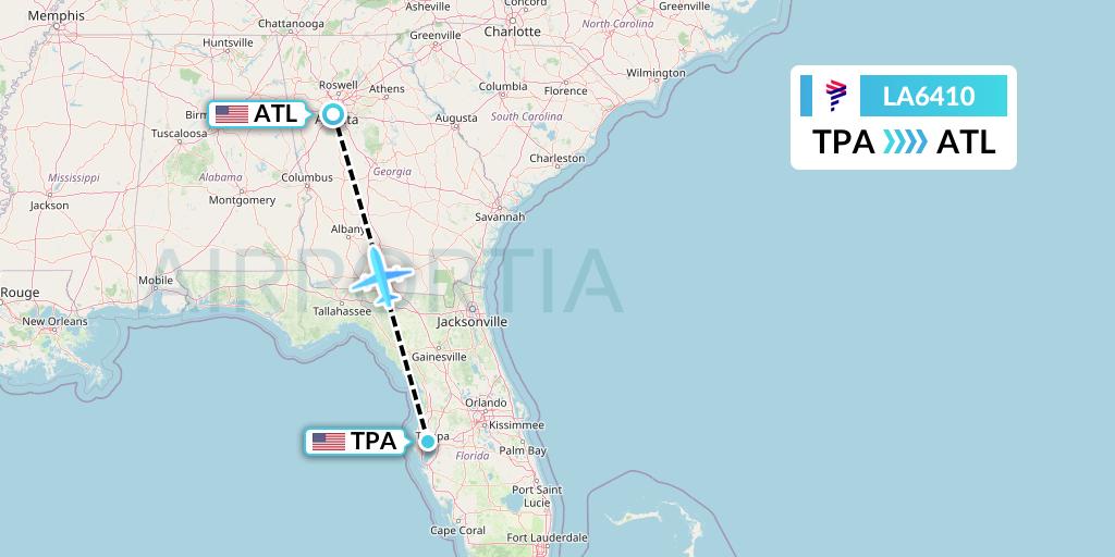 LA6410 LAN Airlines Flight Map: Tampa to Atlanta
