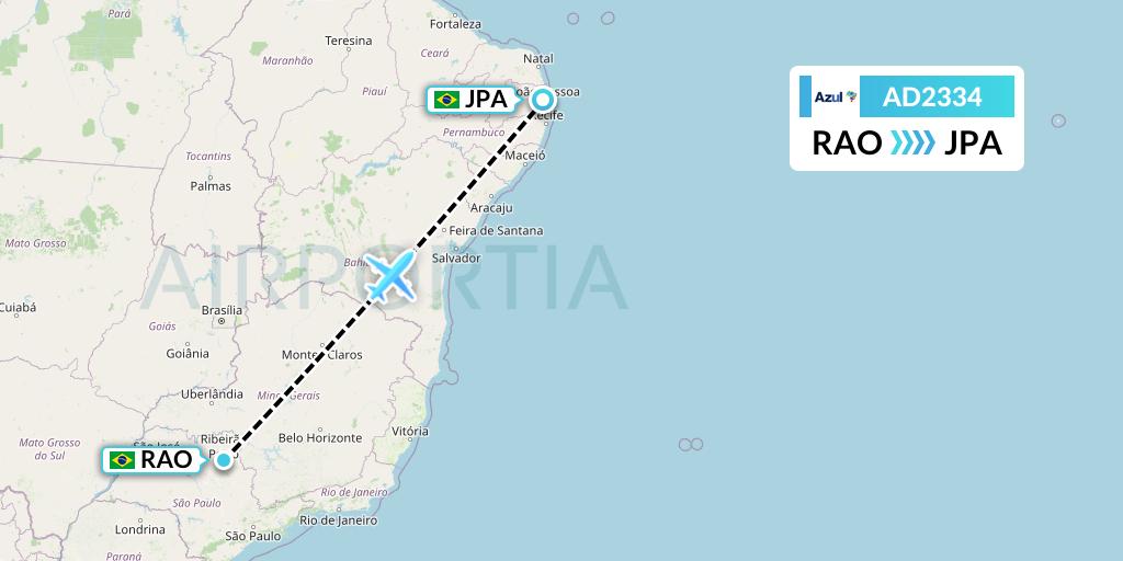 AD2334 Azul Brazilian Airlines Flight Map: Riberao Preto to Joao Pessoa