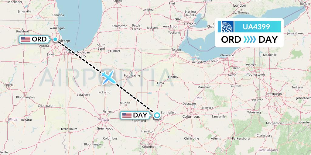 UA4399 United Airlines Flight Map: Chicago to Dayton