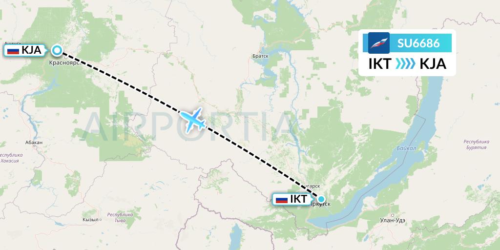 SU6686 Aeroflot Flight Map: Irkutsk to Krasnoyarsk