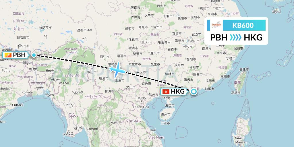 KB600 Druk Air Flight Map: Paro to Hong Kong