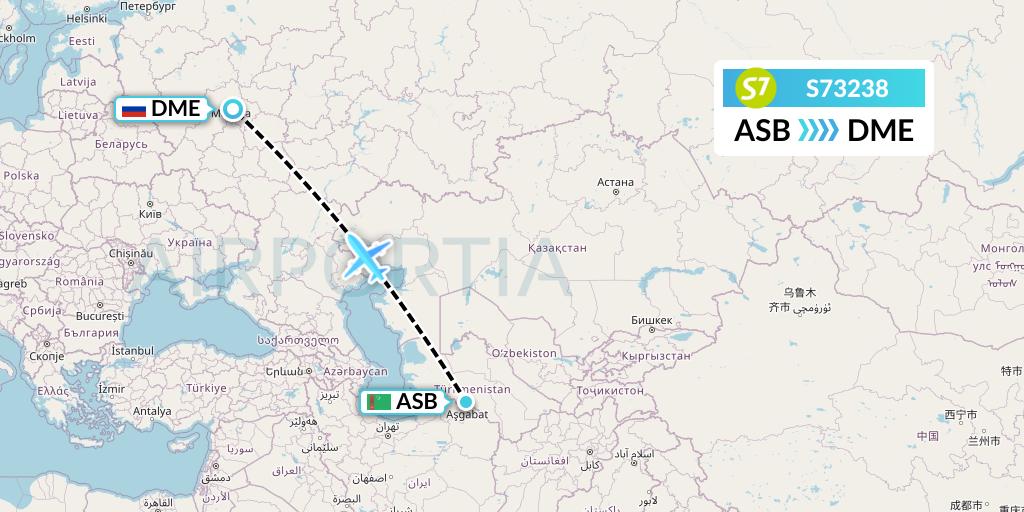 S73238 S7 Airlines Flight Map: Ashgabat to Moscow