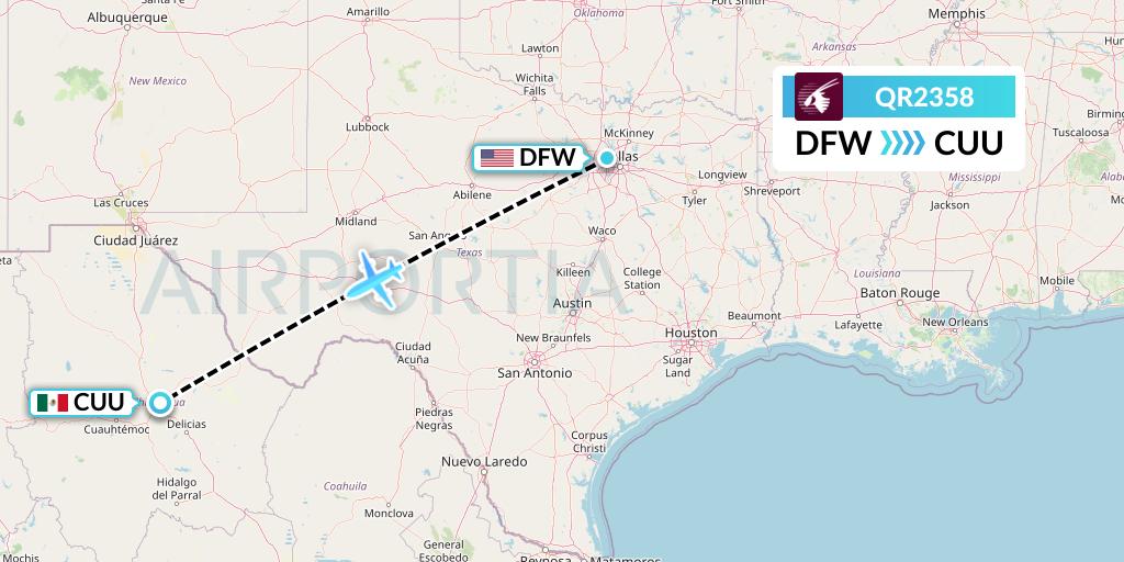 QR2358 Qatar Airways Flight Map: Dallas to Chihuahua