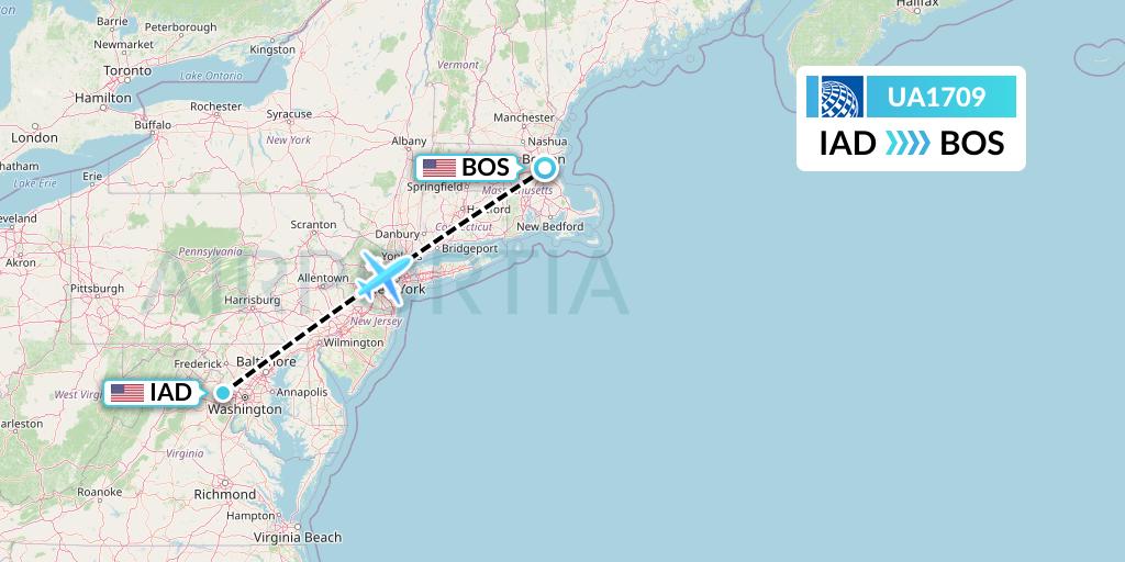 UA1709 United Airlines Flight Map: Washington to Boston