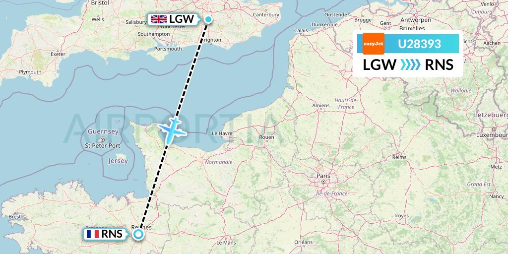 U28393 EasyJet Flight Map: London to Rennes