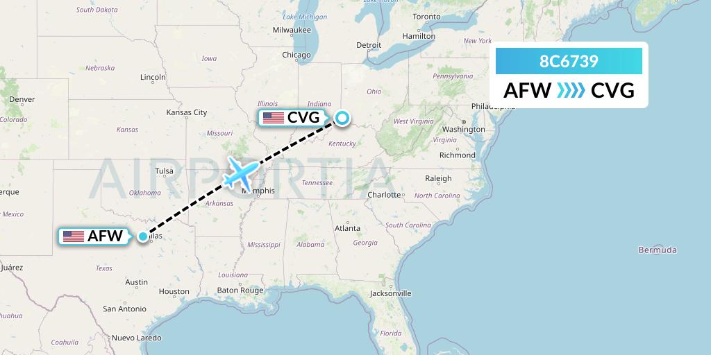 8C6739 Air Transport International Flight Map: Fort Worth to Cincinnati