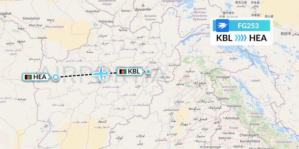 FG253 Ariana Afghan Airlines Flight Map: Kabul to Herat
