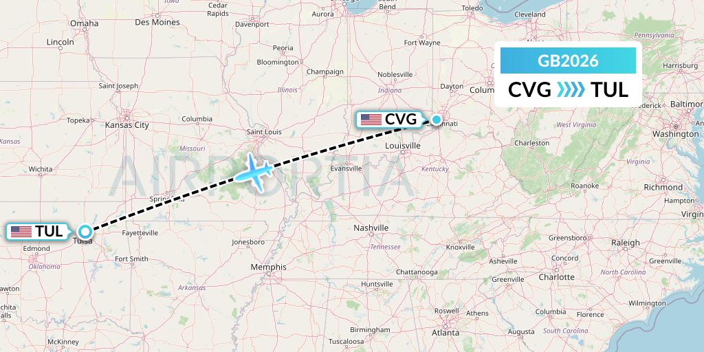GB2026 ABX Air Flight Map: Cincinnati to Tulsa