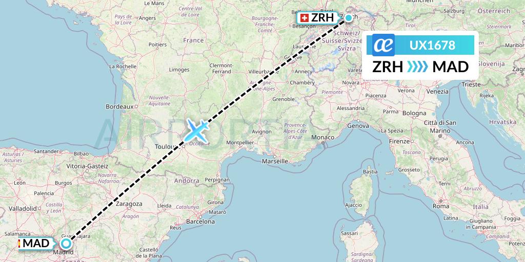 UX1678 Air Europa Flight Map: Zurich to Madrid