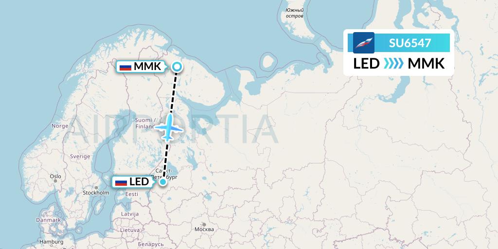 SU6547 Aeroflot Flight Map: St. Petersburg to Murmansk