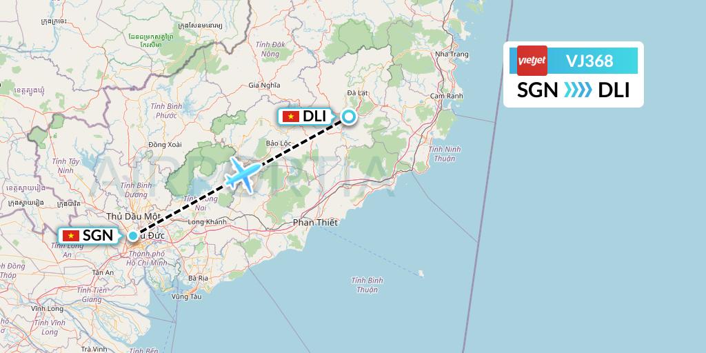 VJ368 VietJet Air Flight Map: Ho Chi Minh City to Da Lat