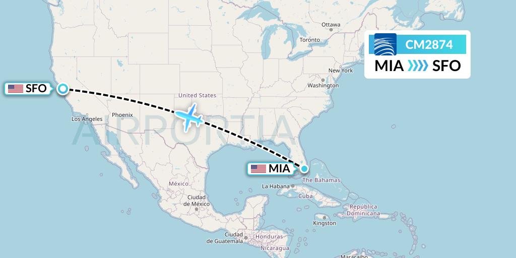 CM2874 Copa Airlines Flight Map: Miami to San Francisco