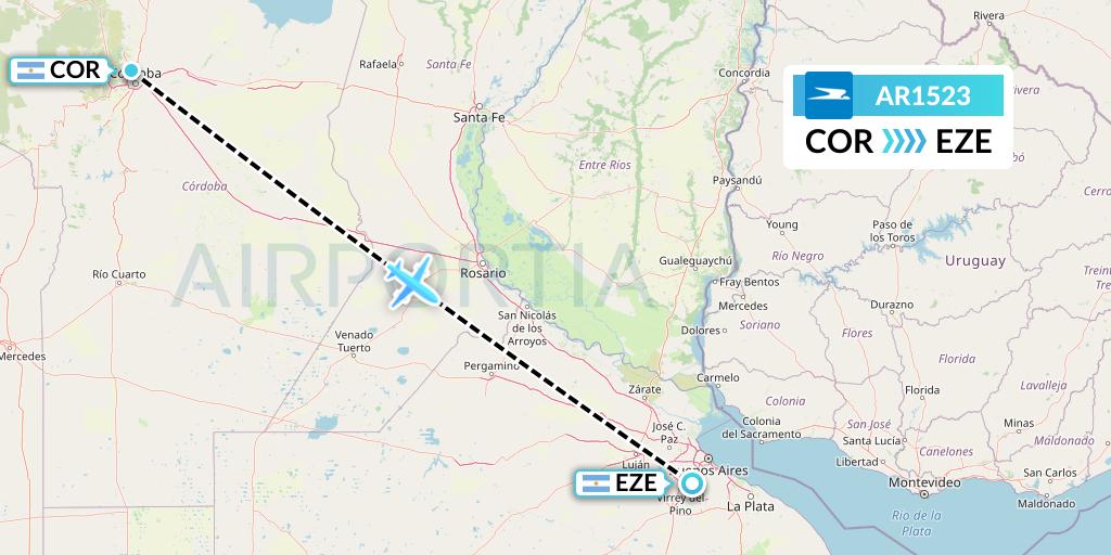 AR1523 Aerolineas Argentinas Flight Map: Cordoba to Buenos Aires