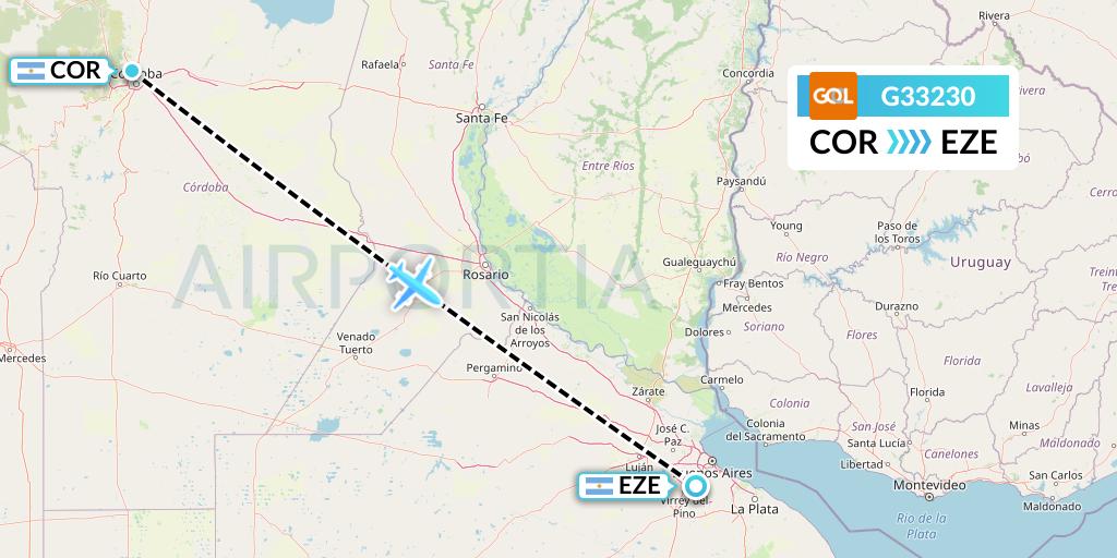 G33230 GOL Transportes Aeros Flight Map: Cordoba to Buenos Aires