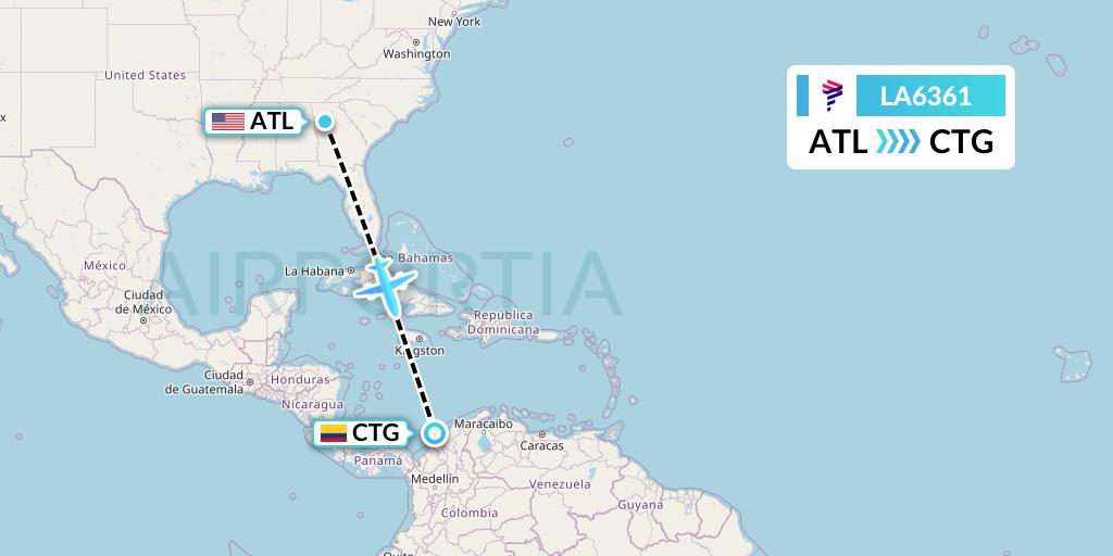 LA6361 LAN Airlines Flight Map: Atlanta to Cartagena