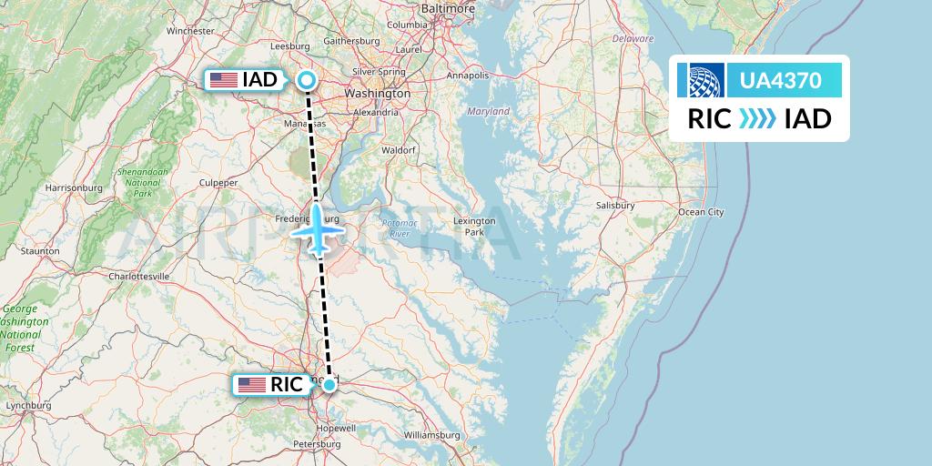 UA4370 United Airlines Flight Map: Richmond to Washington