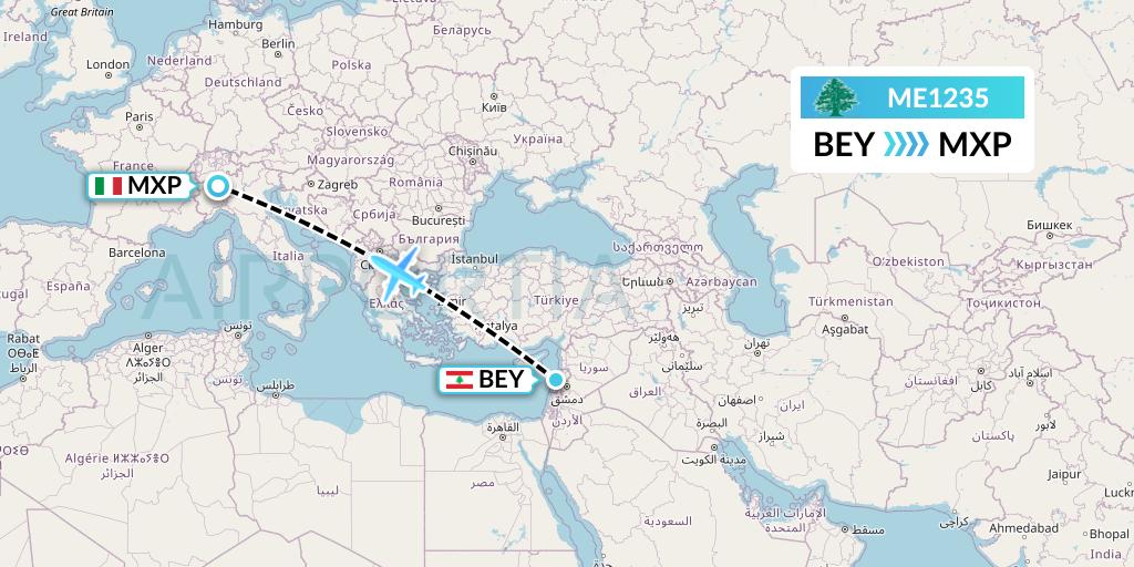 ME1235 MEA Flight Map: Beirut to Milan