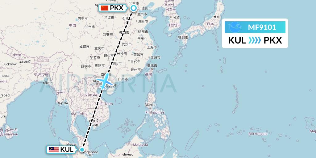 MF9101 Xiamen Airlines Flight Map: Kuala Lumpur to Beijing