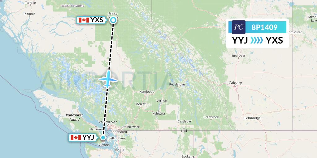8P1409 Pacific Coastal Airlines Flight Map: Victoria to Prince George