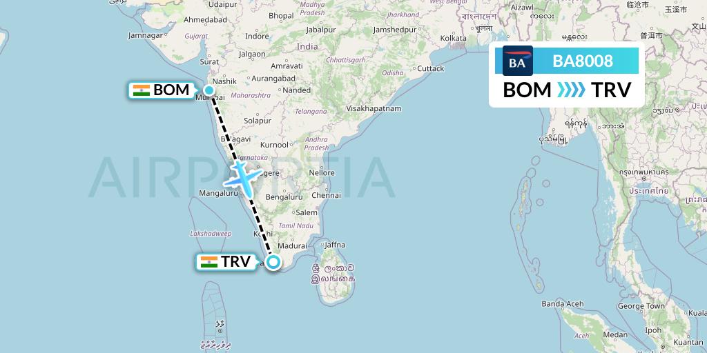 BA8008 British Airways Flight Map: Mumbai to Thiruvananthapuram