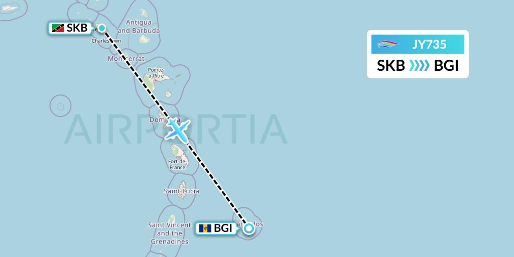 JY735 InterCaribbean Airways Flight Map: Basseterre to Bridgetown