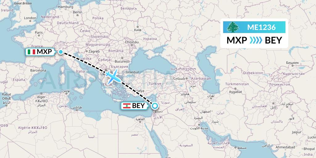 ME1236 MEA Flight Map: Milan to Beirut