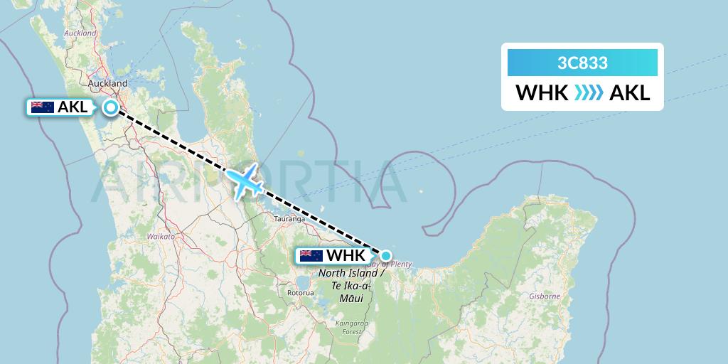 3C833 Air Chathams Flight Map: Whakatane to Auckland