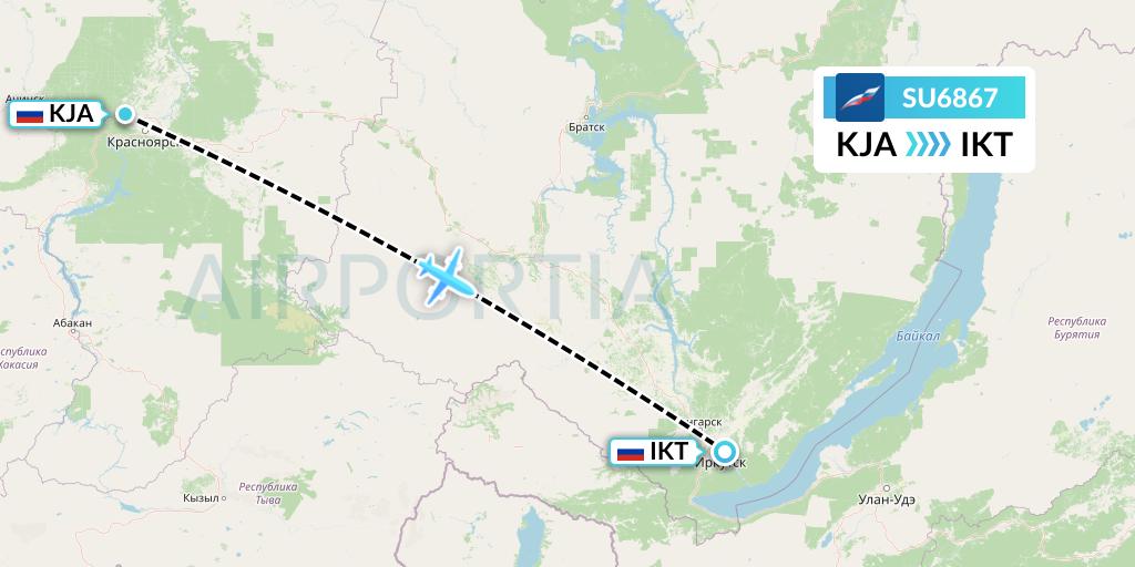 SU6867 Aeroflot Flight Map: Krasnoyarsk to Irkutsk