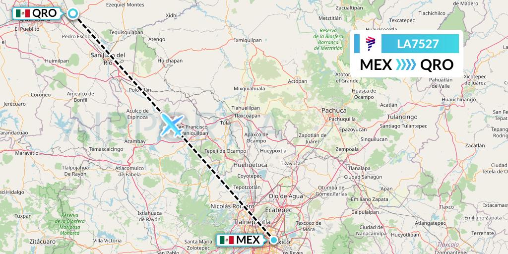 LA7527 LAN Airlines Flight Map: Mexico City to Queretaro