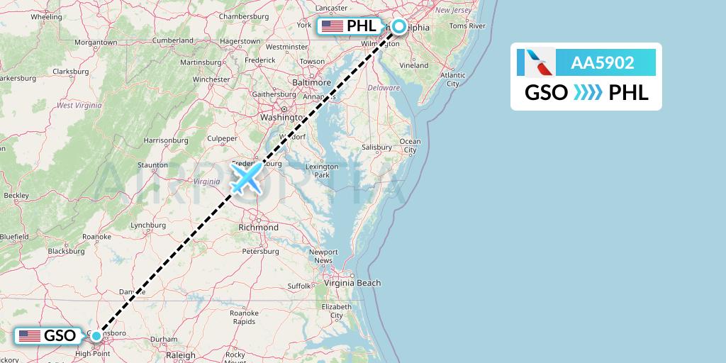 AA5902 American Airlines Flight Map: Greensboro to Philadelphia