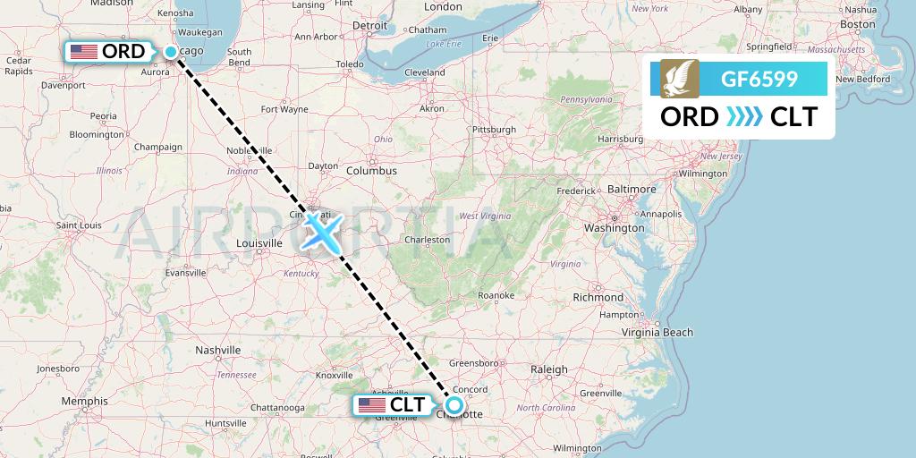 GF6599 Gulf Air Flight Map: Chicago to Charlotte