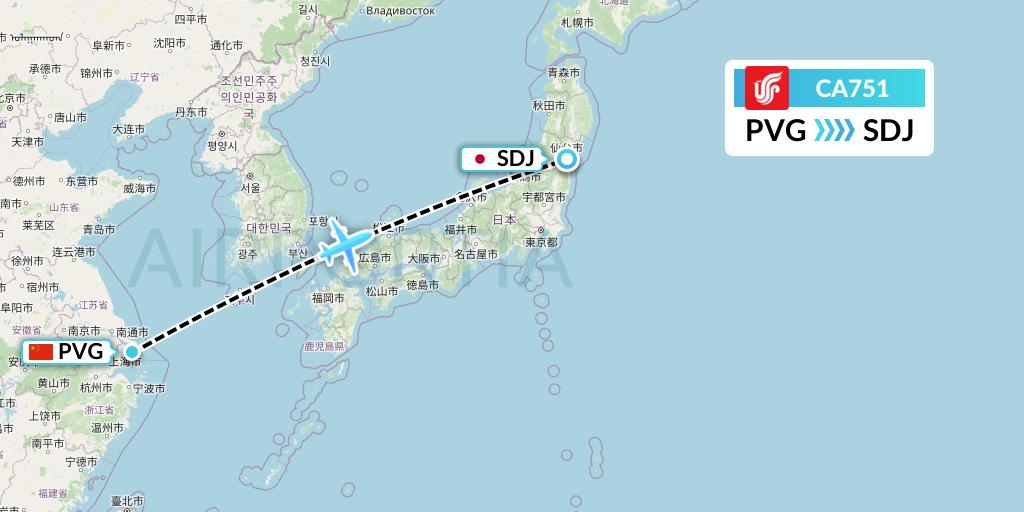 CA751 Air China Flight Map: Shanghai to Sendai