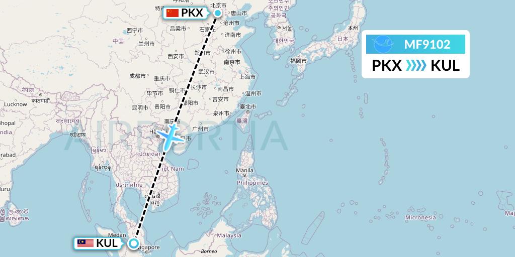 MF9102 Xiamen Airlines Flight Map: Beijing to Kuala Lumpur
