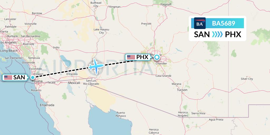 BA5689 British Airways Flight Map: San Diego to Phoenix