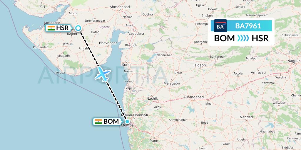 BA7961 British Airways Flight Map: Mumbai to Rajkot
