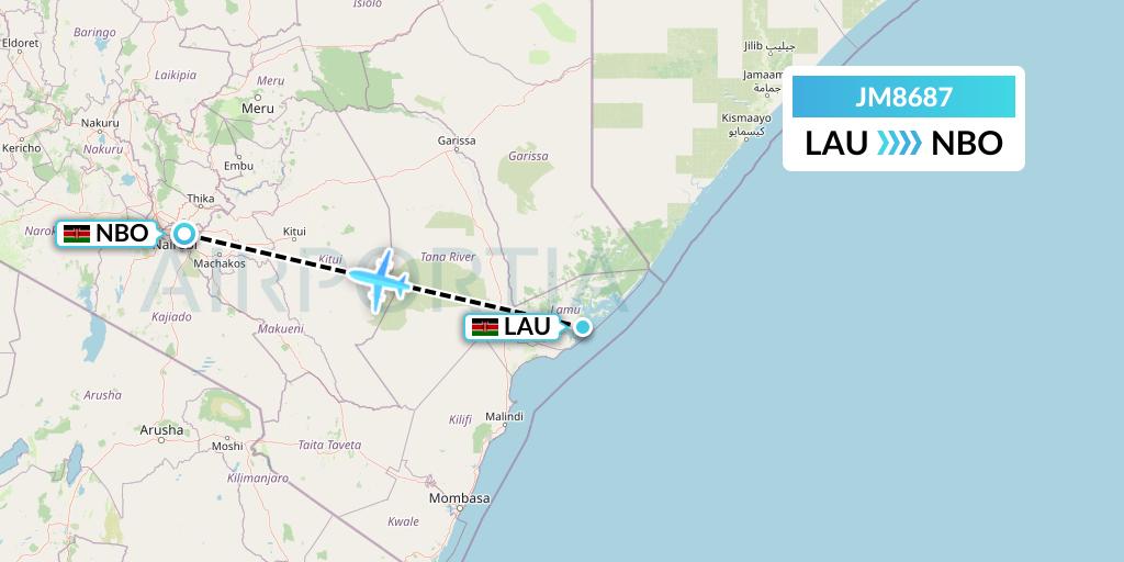 JM8687 Jambojet Limited Flight Map: Lamu to Nairobi
