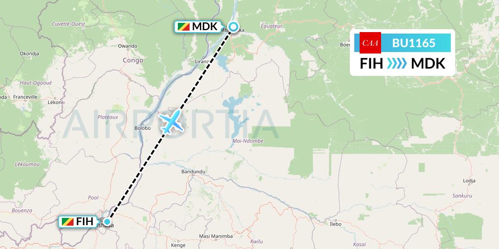 BU1165 flyCAA Flight Map: Kinshasa to Mbandaka