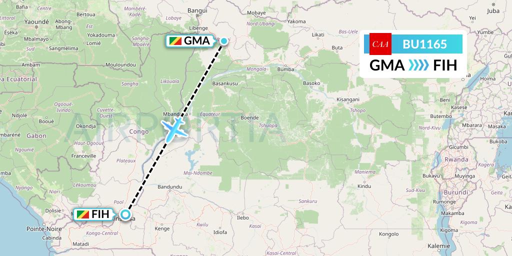 BU1165 flyCAA Flight Map: Gemena to Kinshasa