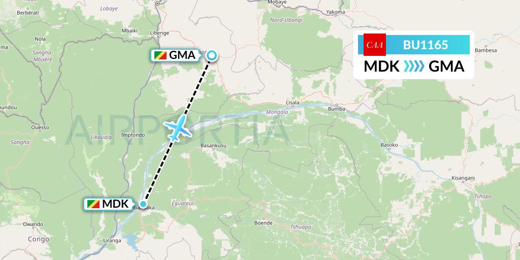 BU1165 flyCAA Flight Map: Mbandaka to Gemena