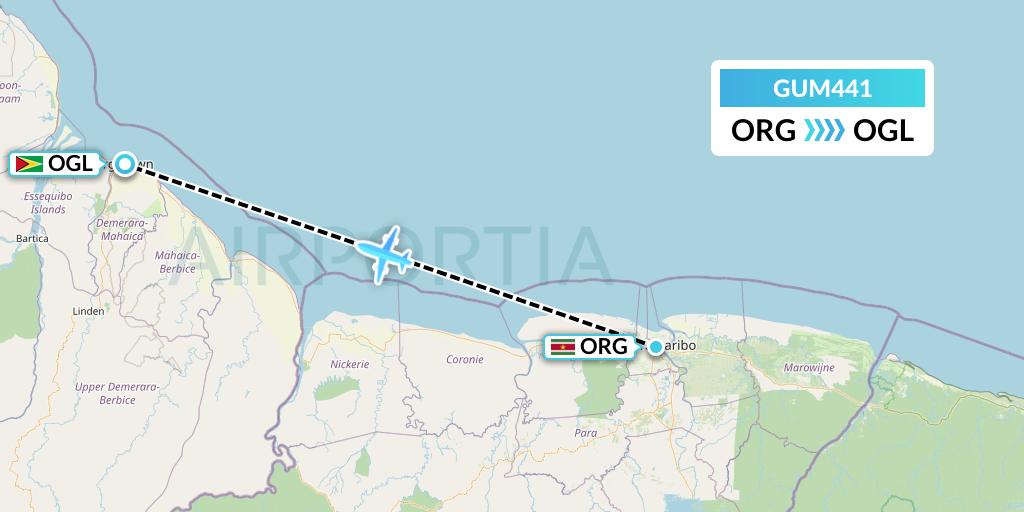GUM441 Gum Air Flight Map: Paramaribo to Georgetown