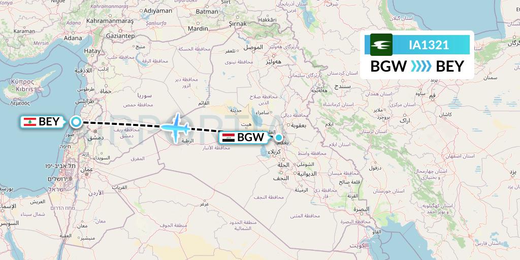 IA1321 Iraqi Airways Flight Map: Baghdad to Beirut
