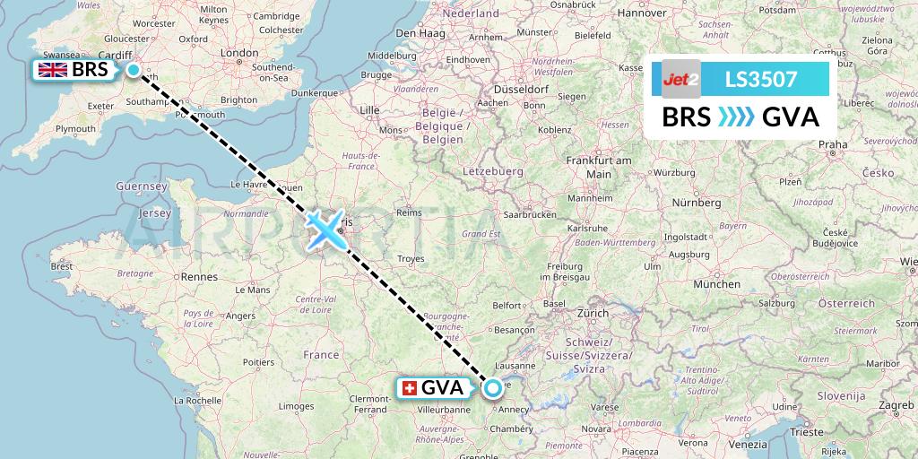 LS3507 Jet2 Flight Map: Bristol to Geneva