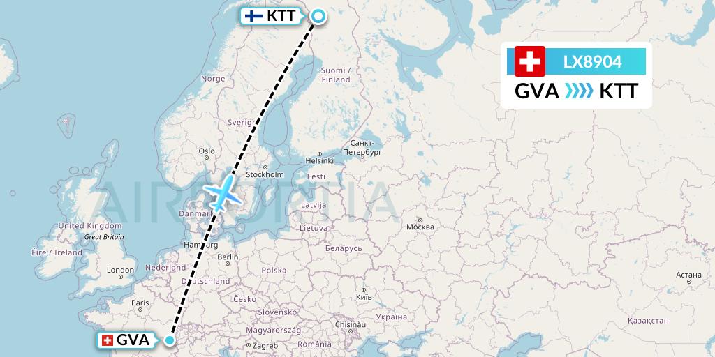 LX8904 Swiss Flight Map: Geneva to Kittila