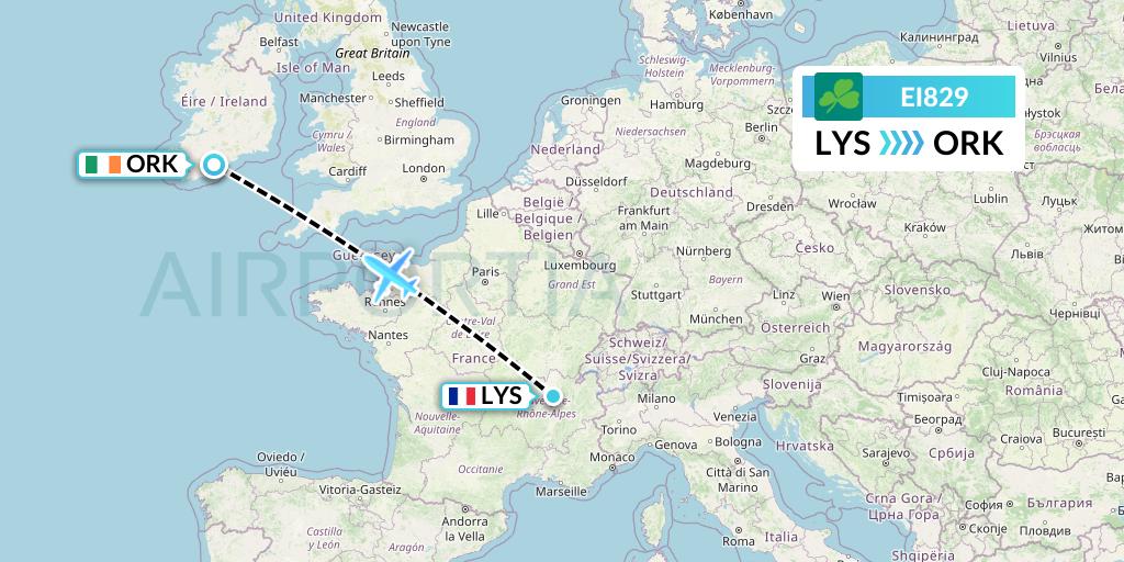 EI829 Aer Lingus Flight Map: Lyon to Cork