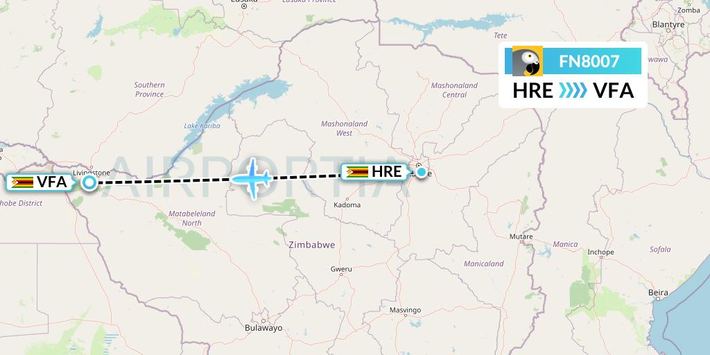 FN8007 Fastjet Flight Map: Harare to Victoria Falls