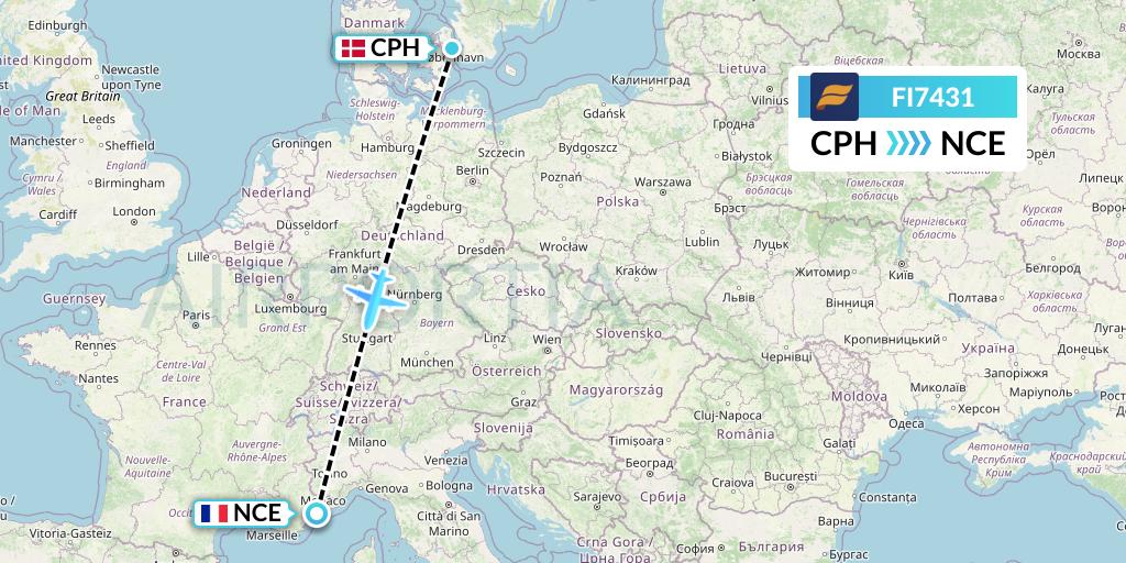 FI7431 Icelandair Flight Map: Copenhagen to Nice