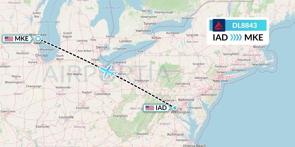 DL8843 Delta Air Lines Flight Map: Washington to Milwaukee