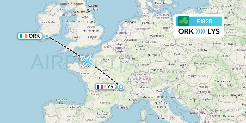 EI828 Aer Lingus Flight Map: Cork to Lyon