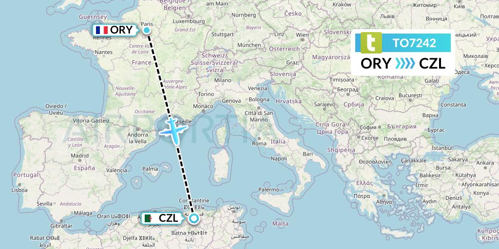 TO7242 Transavia France Flight Map: Paris to Constantine