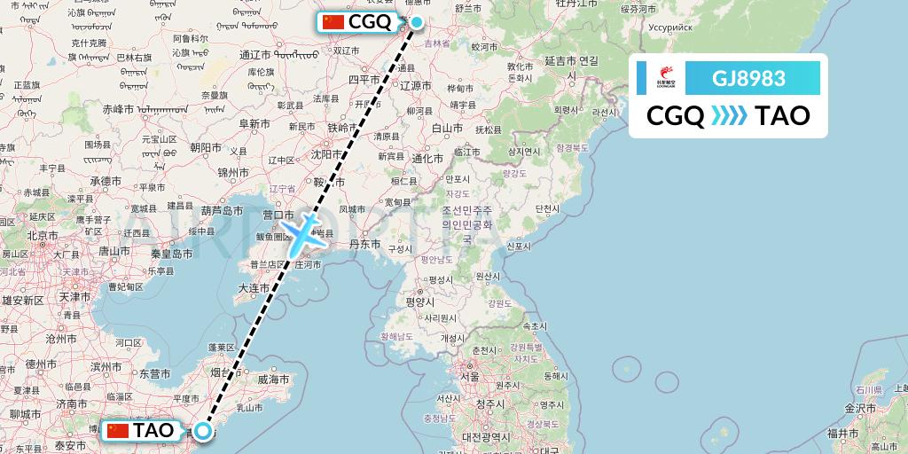 GJ8983 Loong Airlines Flight Map: Changchun to Qingdao